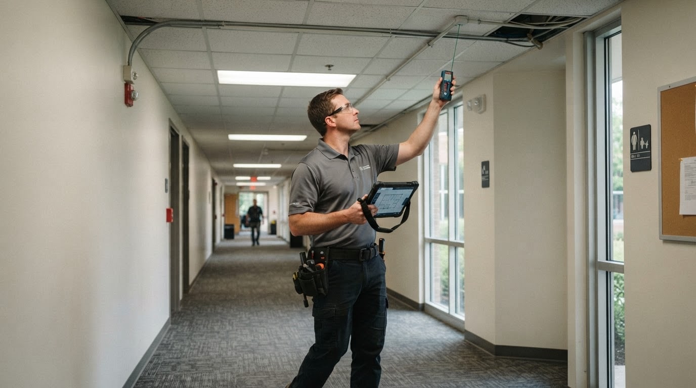 Técnico de Omega Smart Service evaluando la seguridad de una propiedad institucional en Panamá