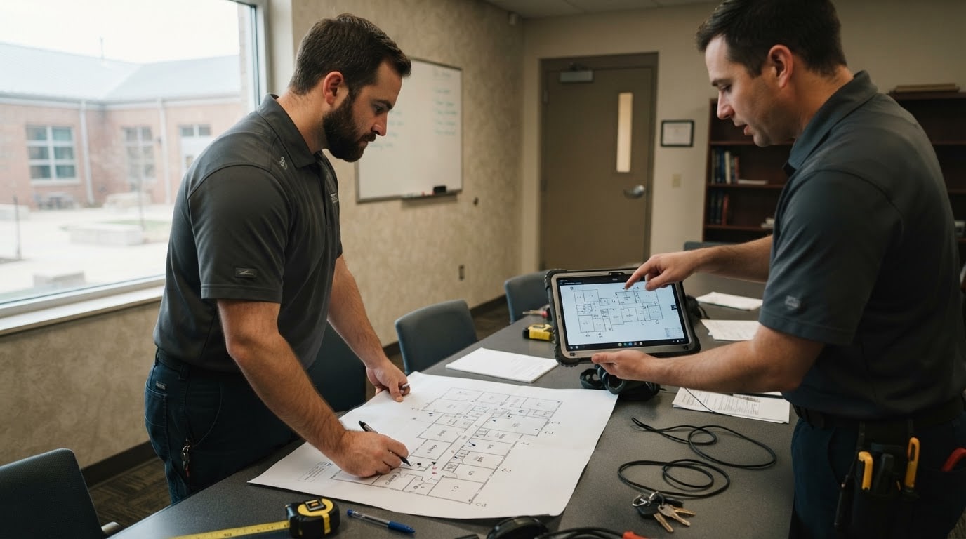 Técnicos de Omega Smart Service revisando un plano de cámaras de seguridad