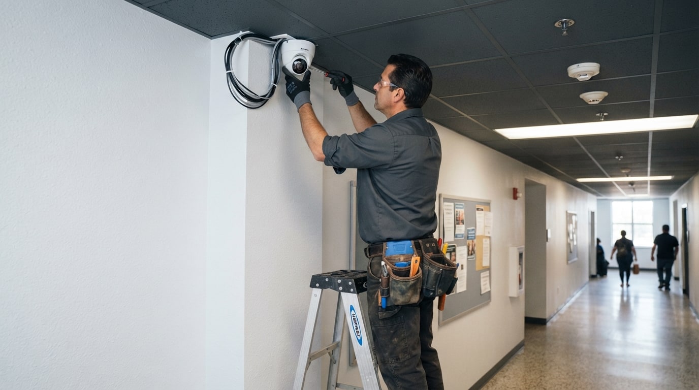 Técnico instalando una cámara de seguridad domo en un techo institucional