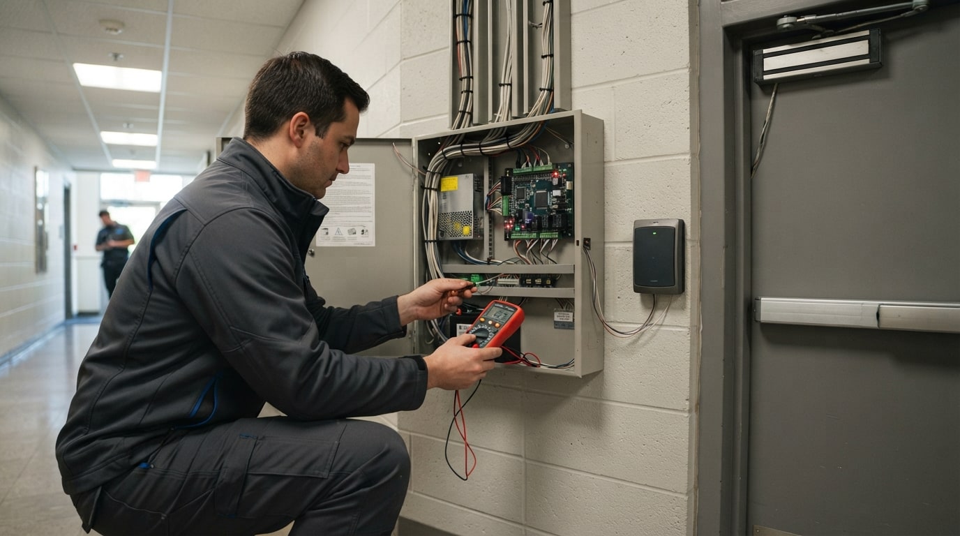 Técnico probando un panel de control de accesos junto a una puerta institucional