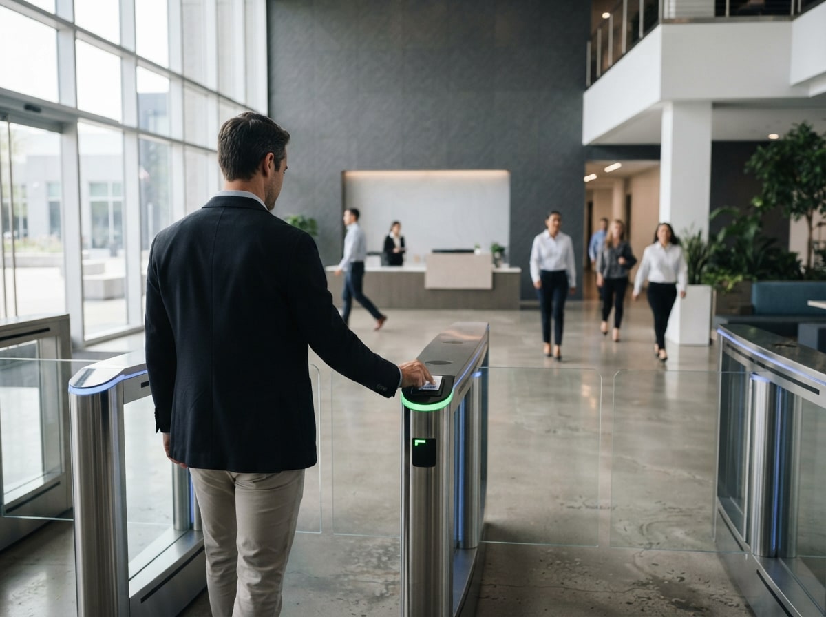 Recepción de un complejo de oficinas con control de accesos por torniquete