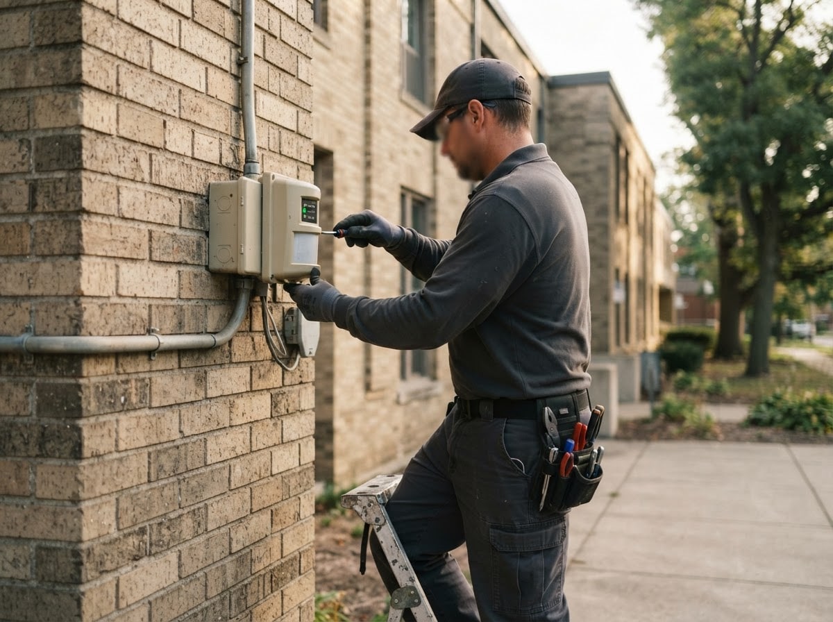 Técnico ajustando un sensor de movimiento en el muro exterior de una propiedad institucional
